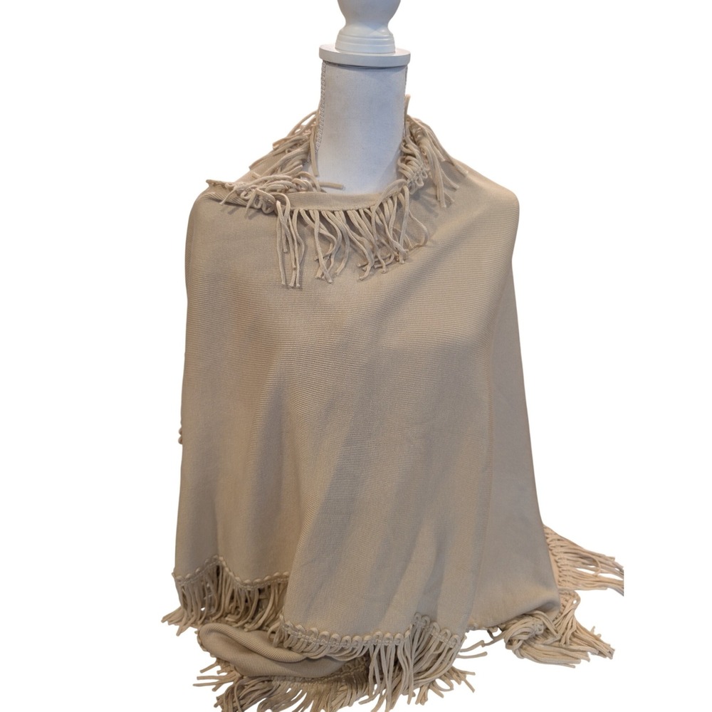 Coldwater Creek Beige Knit Fringe Trim Wrap Shawl Poncho One Size Acrylic